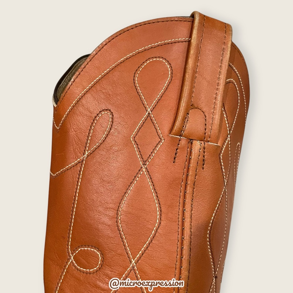 1980 VINTAGE Frye Swirl Stitch Embroidered Cognac Tan Brown Leather Cowboy Boot - Picture 6 of 11